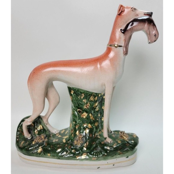 Vintage Staffordshire Whippet Greyhound Hunting Dog w. Rabbit Hare Figurine 11" - Picture 1 of 15